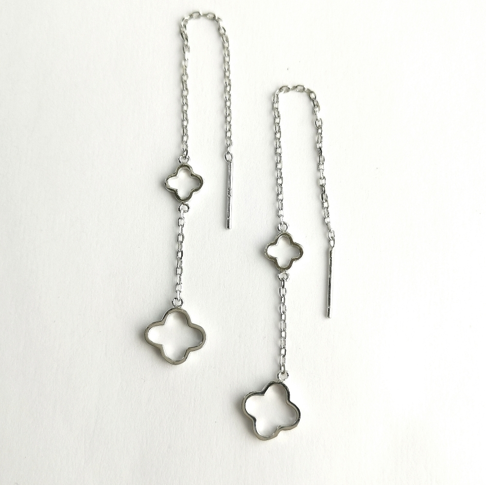 Clover Flower Threader Earrings in Sterling Silver New
